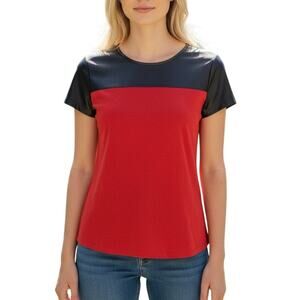 Cato Orange & Black Faux Leather Accent Fitted T-Shirt Small Zip Back